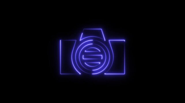 Glowing blue neon camera icon isolated on a black background