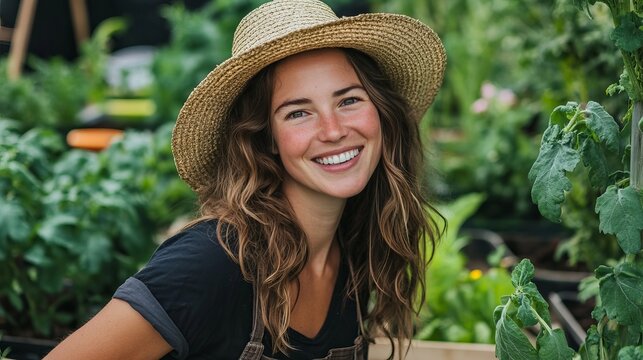 Smiling woman wearing straw hat standing amidst lush green foliage, representing a natural and vibrant lifestyle concept