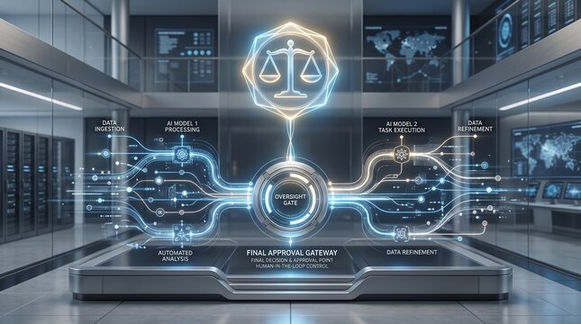 AI oversight gate facilitates automated data processing, analysis, and human approval for business decisions.