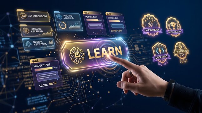 Interactive learning dashboard with machine learning modules and skill badges encourages students to master technical concepts through gamified digital education.