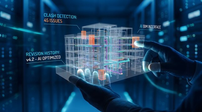 Hands hold interactive 3D model of building displaying clash detection and revision history for AI BIM construction.