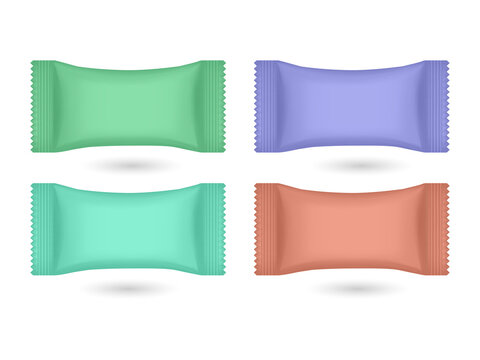 Four colorful rectangular candy wrappers isolated on a transparent background