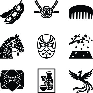 Japanese cultural icons collection, flat black silhouettes of traditional objects and symbols, edamame, obijime cord, kushi comb, horse armor, kabuki mask, hanami picnic, furoshiki wrap, sake set