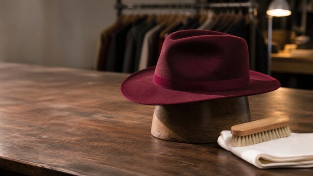 Theater costume repair hat reshaped on a wooden block after cleaning