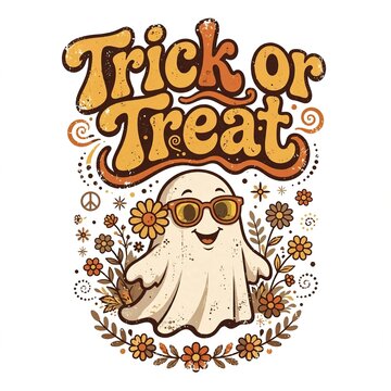 Retro vintage 1970s Halloween design, groovy wavy typography saying "trick kr treat, smiling white ghost with retro sunglasses