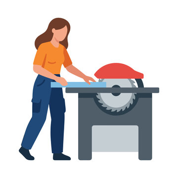 Carpenter Female Woodworker Operating Stationary Table Saw Machine Cutting Material Vector Illustration of Skilled Woman Artisan in Carpentry Workshop Performing Industrial Manufacturing Task