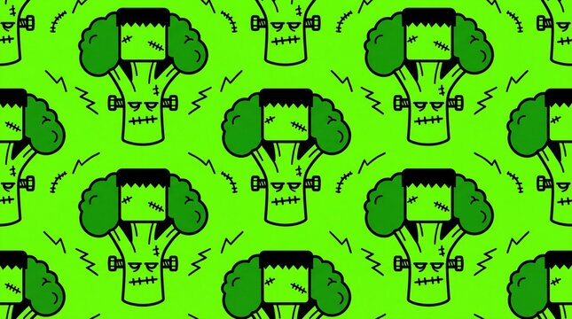 Seamless vector pattern of spooky cartoon broccoli monsters for Halloween