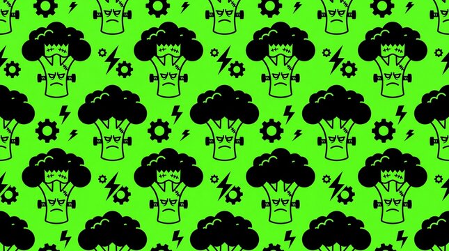 Frankenstein broccoli monster seamless pattern with lightning and gears