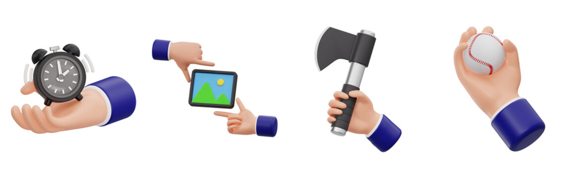 Hands Holding Alarm Clock Picture Frame Axe and Baseball Set