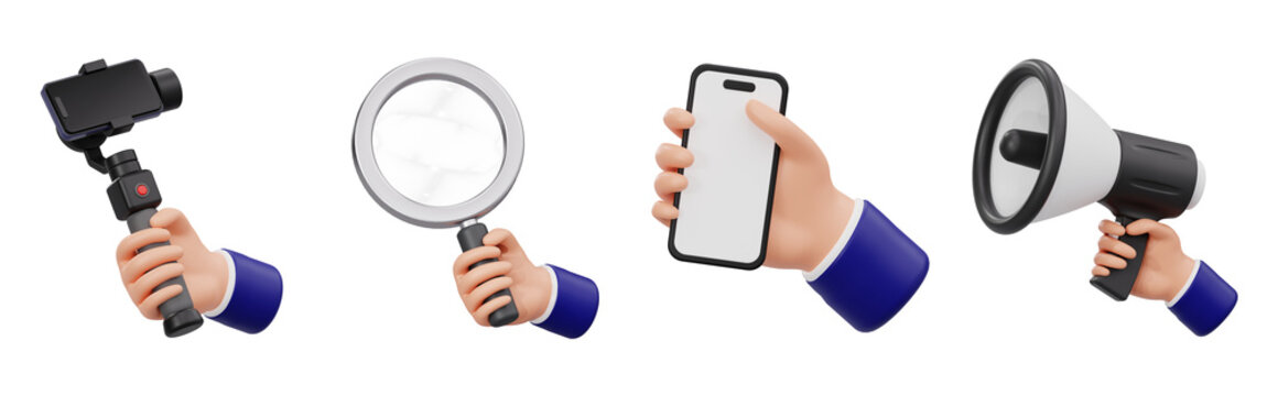 Hands Holding Camera Gimbal Magnifying Glass Smartphone and Megaphone Set