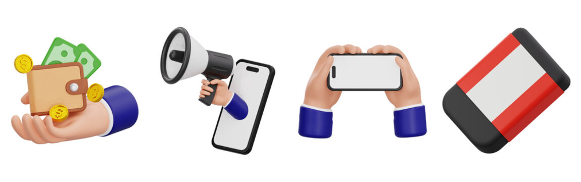 Hands Holding Wallet Megaphone Popping Out Smartphone and Mobile Device Set