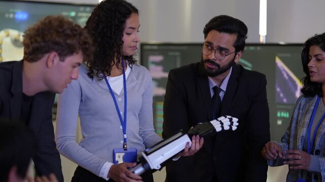Curly-haired female engineer holds a bionic robotic arm as a bearded manager in suit and colleagues lean in to inspect it, while feedback is shared, the future of human-robot collaboration