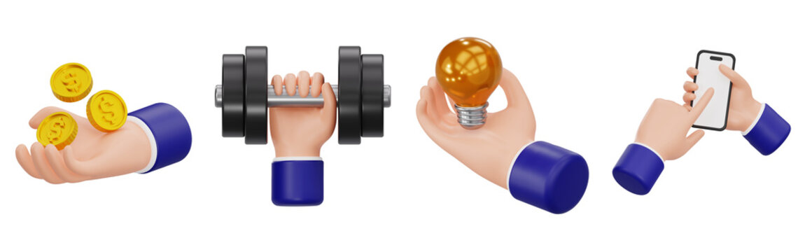 Hands Holding Dollar Coins Dumbbell Lightbulb and Using Smartphone Set