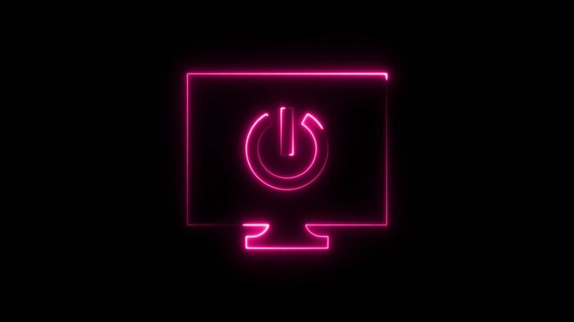 Glowing pink neon power button icon on a computer monitor screen