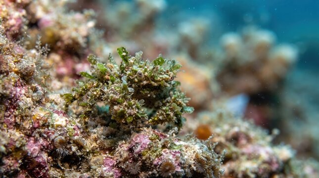 Macro shot of a well-camouflaged decorator crab covered in algae and sea debris, resting on a colorful coral reef on the ocean seabed.