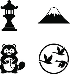 Fototapeta premium Set of four minimalist Japanese icons: stone lantern, snow-capped Mount Fuji outline, raccoon with sake bottle, and flying geese within circle, solid black flat coloring