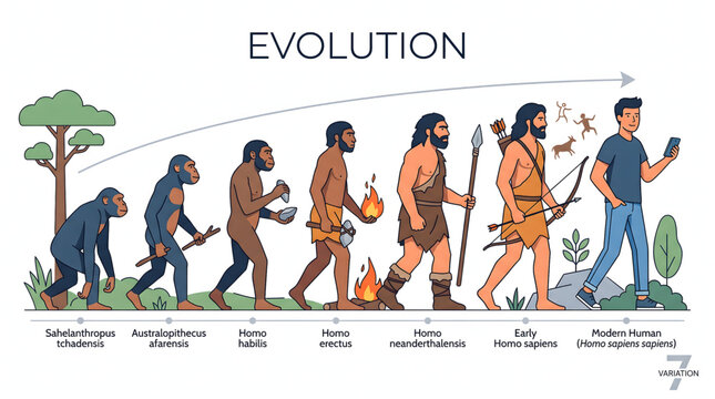 Human evolution infographic showing the progression from prehistoric ancestors to modern technology