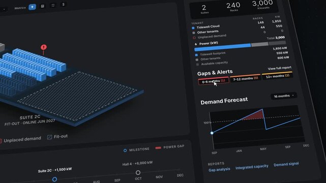 Data Center Dashboard, Capacity Planning Analysis, Power Usage Monitoring, Rack Allocation Overview, User Interface Design, Live Metrics Display, Alert Indicator System, Scenario Preview Simulation