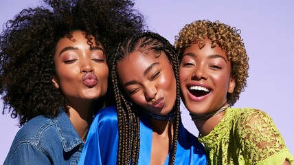 A diverse group of Black female friends posing playfully in colorful outfits against a lavender background. © Susana