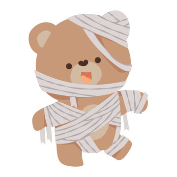 Cute teddy bear mummy wrapped in bandage halloween illustration isolated on white background