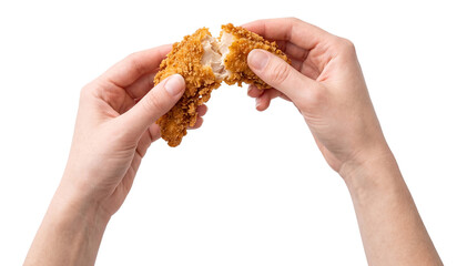 Two Hands Breaking Crispy Fried Chicken Tender in Half (Transparent PNG) © Vikram
