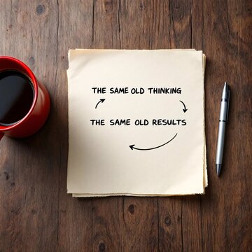 Handwritten note on paper showing same old thinking leading to same old results with coffee and pen