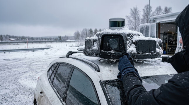 Autonomous car sensor lidar winter snow roof technology vehicle camera research autonomous car sensor lidar winter snow roof technology vehicle camera research test engineer adjust equipment cold