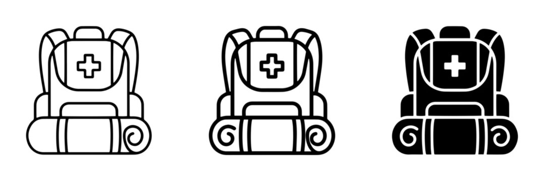 3 medical backpack silhouette icons cross emblem mat, solid black style, emergency survival kit set