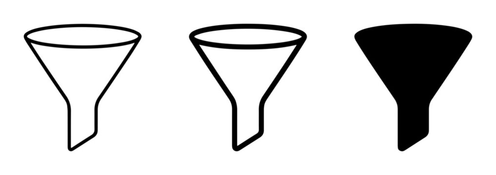 3 funnel silhouette icons filter set, solid black style, business data processing concept