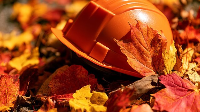 Bright orange construction helmet resting amidst autumn leaves, symbolizing transition, safety, and seasonal work changes