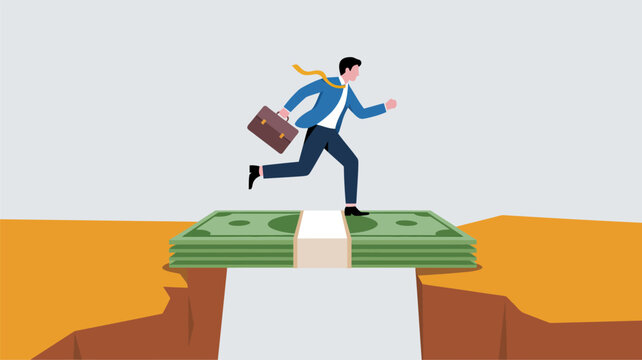 Businessman running across a bridge made of stacks of money over a deep gap