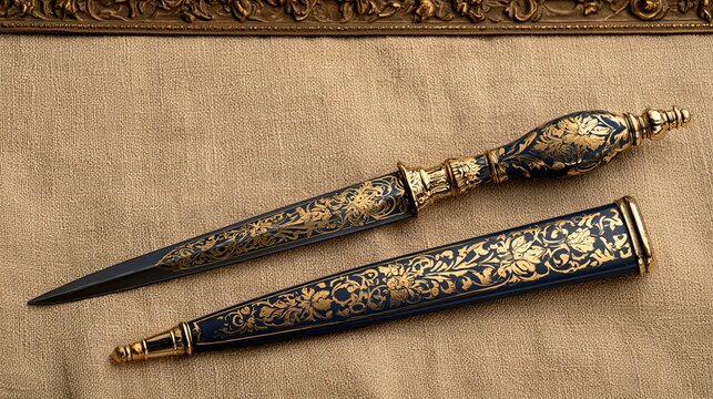 Ornate antique dagger with decorative scabbard resting on textured fabric, depicting luxury and historical artistry
