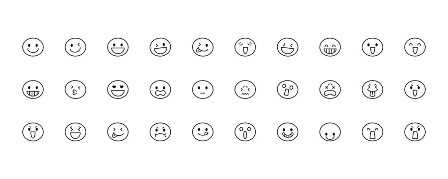 Set of colorful emoticon face icons showing various emotions and facial expressions, including happy, sad, surprised, angry, confused, worried, and playful moods.