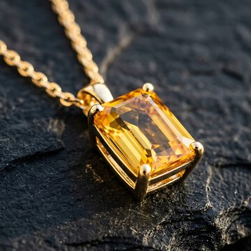 Radiant emerald cut yellow gemstone pendant set in gold on delicate chain over dark slate surface