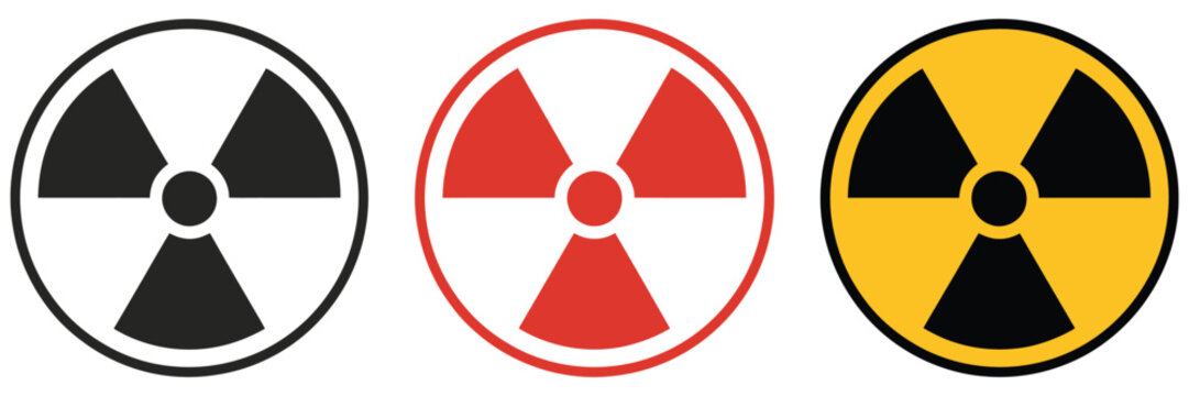 radiation warning trefoil symbols, nuclear hazard signs with radioactive danger, industrial safety alerts, protective warning icons, hazardous material identification, clean vector illustration.

