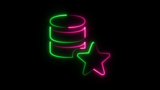 Neon glowing database icon with a star symbol representing favorite data or top storage performance in a modern digital tech style