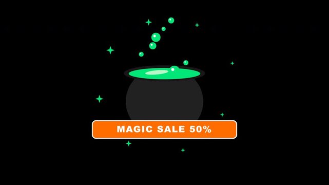 An animated black witch cauldron with boiling green potion, floating bubbles, and pulsing star bursts on a transparent background