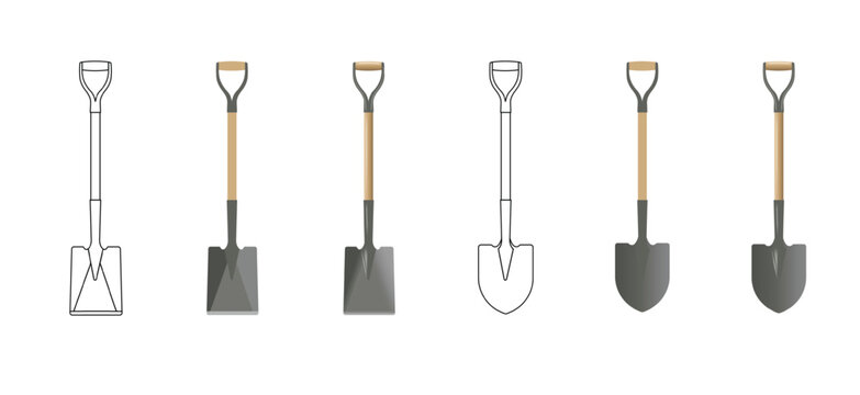 Gardening and construction shovel tool collection isolated on clean white vector background