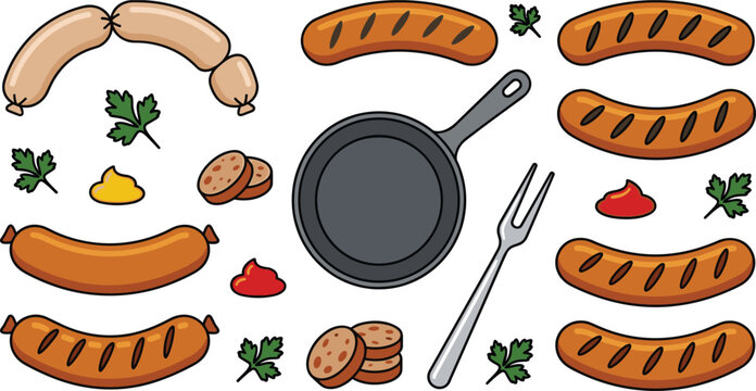 Grilled sausages vector collection with a cast iron frying pan cooking fork mustard ketchup slices and fresh parsley elements for barbecue menus