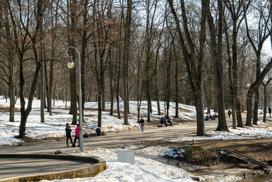 Individuals strolling along pathways in a park that is beautifully surrounded by trees, with snow still lingering as early spring arrives