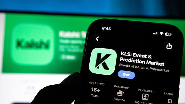 a smartphone displays the kls event and prediction market app on a blue and green background.