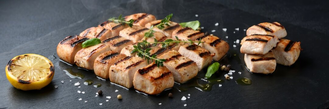 Juicy grilled pork loin strips, seasoned with herbs and served with a grilled lemon slice on a dark slate surface. The meat is tender and flavorful, with beautiful grill marks
