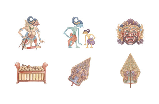 Indonesian Wayang Kulit and Traditional Javanese Culture Watercolor Icon Set