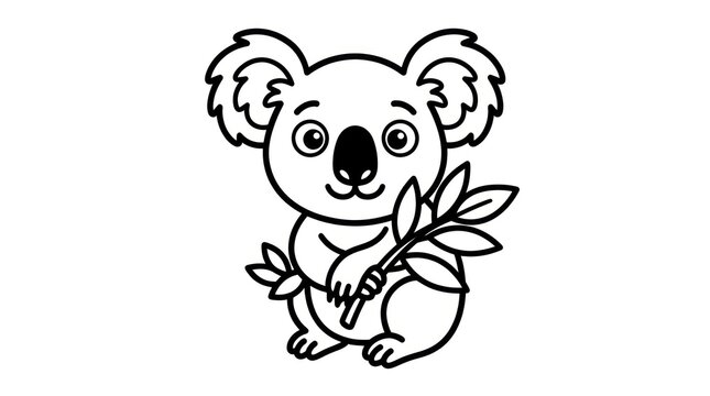Cute cartoon koala holding eucalyptus leaves, simple line art illustration, isolated on white background, adorable marsupial character.