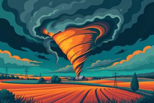 Tornado swirling over farm fields with dark storm clouds in background