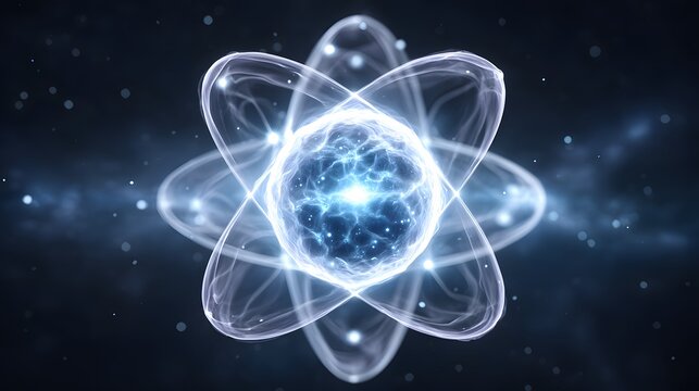 Glowing Atom Model with Electron Orbits and Energized Nucleus in Space