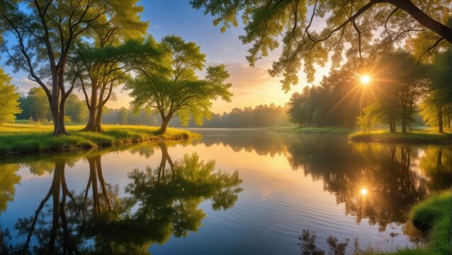 A serene lake scene with soft focus and warm sunlight filtering through trees at dawn