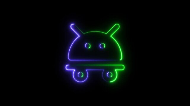 Neon glowing robot head icon in green and blue colors on dark background