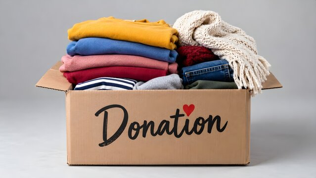 Cardboard box full of winter clothes and warm sweaters for charity and humanitarian aid on a grey background for social welfare