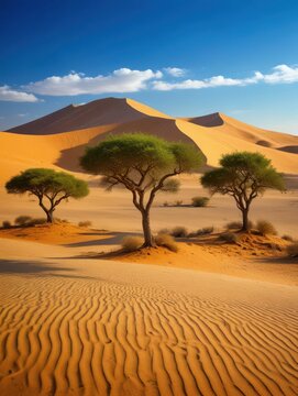 Arid landscape with sand dunes and acacia trees